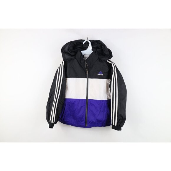 Vtg 90s Adidas Boys Small Spell Out Color Block Lined Hooded Windbreaker Jacket - Picture 1 of 16